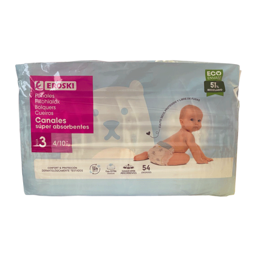 Pañal canales absorbentes 4-9 kg Talla 3 EROSKI, paquete 54 uds